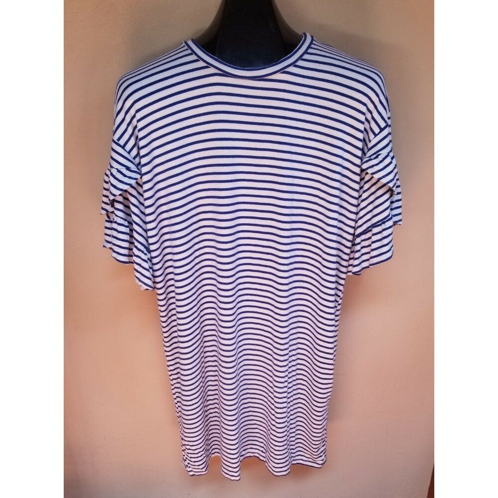 COA Womens Striped Straight T-Shirt Dress Size 2 Blue White Flared Short Sleeves